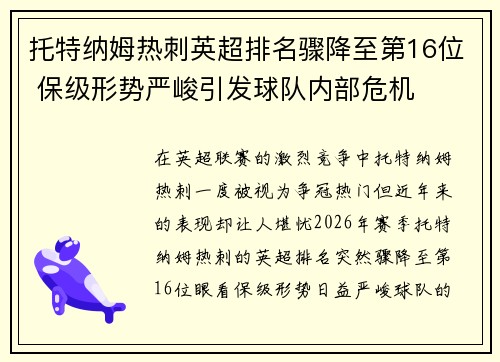 托特纳姆热刺英超排名骤降至第16位 保级形势严峻引发球队内部危机